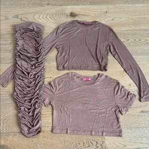 Women's Cropped 3 Piece Short and Long Sleeve Tee + Ruched Maxi Skirt